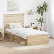 vidaXL Sängram med huvudgavel Sonoma 90 x 190 cm Massiv furu