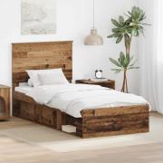 vidaXL Sängram med huvudgavel Gammalt trä 90 x 190 cm Massiv furu