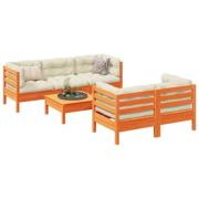 vidaXL Soffgrupp för trädgården med dynor 6 delar vaxbrun massiv furu