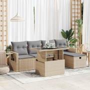 vidaXL Soffgrupp för trädgården med dynor 6 delar beige konstrotting