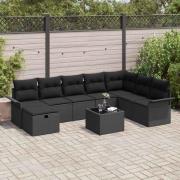vidaXL Trädgårdsoffset med kudde med lagring 9 pcs Svart Poly rattan