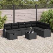 vidaXL Trädgårdsoffset med kudde med lagring 9 pcs Svart Poly rattan