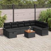 vidaXL Trädgårdsoffset med kudde med lagring 9 pcs Svart Poly rattan
