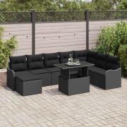 vidaXL Trädgårdsoffset med kudde med lagring 9 pcs Svart Poly rattan