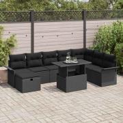 vidaXL Trädgårdsoffset med kudde med lagring 9 pcs Svart Poly rattan
