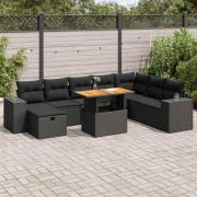 vidaXL Trädgårdssoffset med dynor 9 delar svart konstrotting akacia