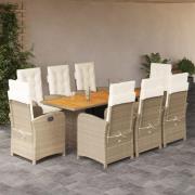 vidaXL Matgrupp för trädgården med dynor 9 delar beige konstrotting