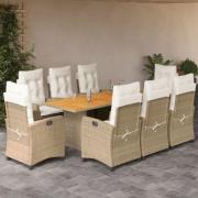 vidaXL Matgrupp för trädgården med dynor 9 delar beige konstrotting