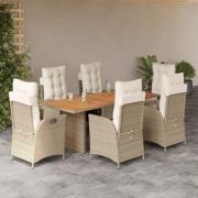 vidaXL Matgrupp för trädgården med dynor 7 delar beige konstrotting