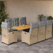 vidaXL Matgrupp för trädgården med dynor 9 delar mixbeige konstrotting