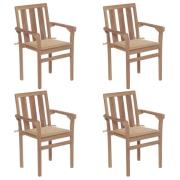 vidaXL Stapelbara trädgårdsstolar med dynor 4 st massiv teak