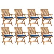 vidaXL Hopfällbara trädgårdsstolar med dynor 8 st massiv teak