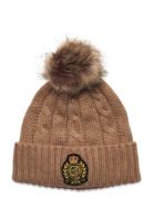 Lauren Ralph Lauren Crest-Patch Pom-Pom Cable-Knit Beanie Brun