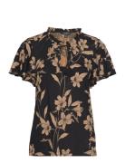 Lauren Ralph Lauren Floral Linen-Blend Jersey Tie-Neck Top Svart