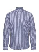 Lindbergh Striped Cotton/Linen Shirt L/S Marinblå