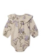Garbo&Friends Prune Green Seersucker Ls Romper Beige