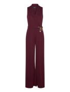 Lauren Ralph Lauren Chain-Trim Stretch Jersey Jumpsuit Burgundy