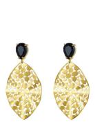 Bud To Rose Leaf Crystal Earring Black/Gold Guld