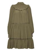 Scotch & Soda Smocked And Tiered Long Sleeved Dress Khaki Green