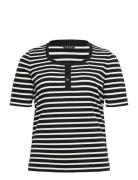 Lauren Women Striped Elbow-Sleeve Henley Top Svart