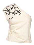 Mango Asymmetrical Flower-Embroidered Top Beige
