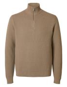 Selected Slhdane Ls Knit Structure Half Zip Noos Beige