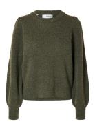 Selected Slflulu Ls Knit Rib O-Neck Noos Khaki Green