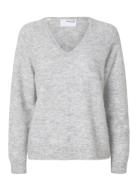 Selected Slflulu New Ls Knit V-Neck B Noos Grå