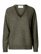 Selected Slflulu New Ls Knit V-Neck B Noos Khaki Green