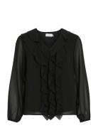 Vila Viane L/S V-Neck Frill Top - Noos Svart