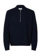 Selected Slhtray Merino Brushed Relaxed Zip Polo Marinblå