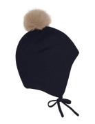 Minymo Hat W. Detachable Fake Fur Marinblå