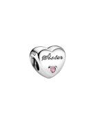 Pandora Sister Heart Silver Charm With Pink Cubic Zirconia Silver