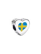 Pandora Sweden Flag Heart Sterling Silver Charm With Yellow And Blue E...
