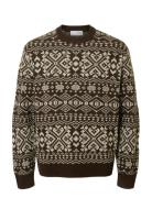 Selected Slhholger Ls Knit Jaquard Crew Neck Brun