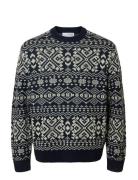 Selected Slhholger Ls Knit Jaquard Crew Neck Marinblå
