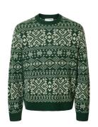 Selected Slhholger Ls Knit Jaquard Crew Neck Grön