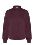 Bubbleroom Puff Sleeve Satin Shirt Burgundy